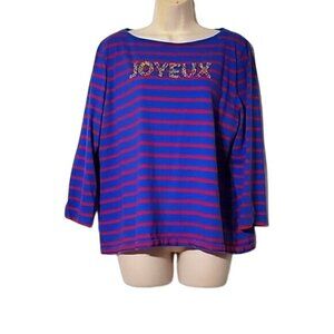 Talbots‎ Joyeux Striped Cotton Top XL Blue & Red With Beaded Embellishment